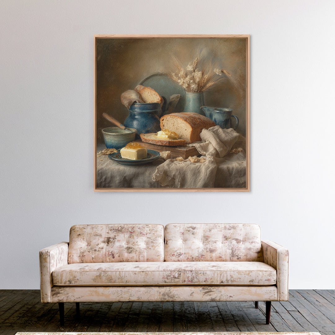 Fresh Bread with Butter and Honey Canvas Print, Kitchen Art, Coffee Print, Kitchen Decor, Fine Art, Kitchen, Textured Painting, KIT-1x1-90