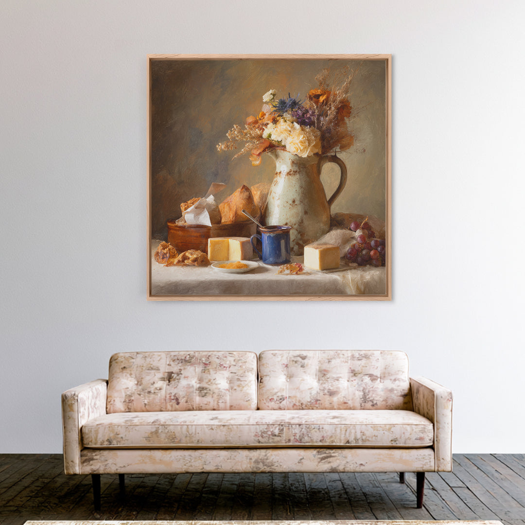 Floral Bouquet in a Kitchen Pitcher Framed Canvas Print, Kitchen Art, Wall Decor, Kitchen Decor, Kitchen, Kitchen Wall Decor, KIT-1x1-96