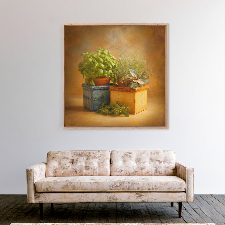 Fresh Herbs in Terracotta Pots Canvas Print, Kitchen Art, Wall Art, Kitchen Decor, Oil Painting, Kitchen, Kitchen Wall Art, KIT-1x1-97