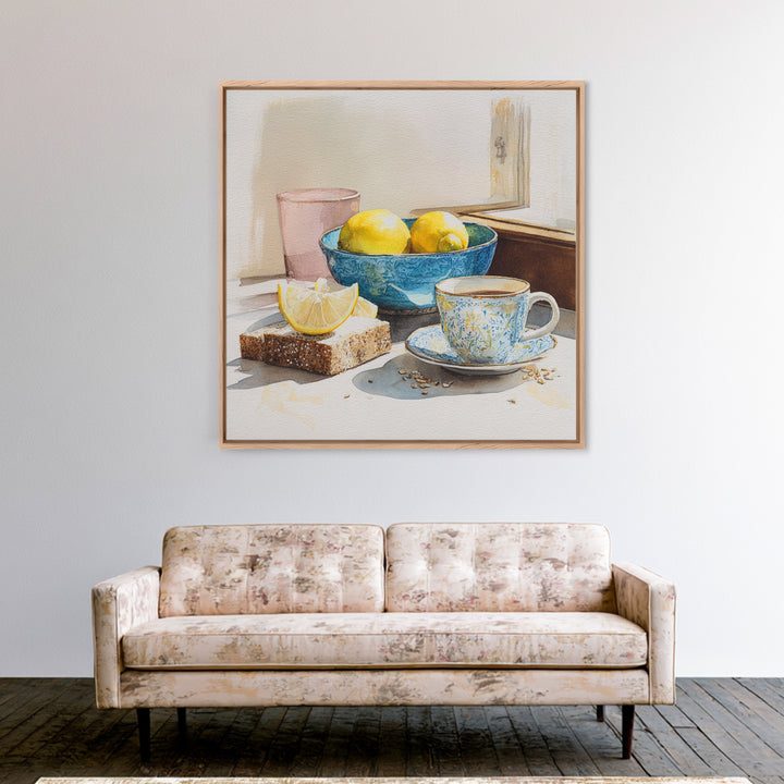 Lemons and Blue Ceramic Bowl Still Life Canvas Print, Kitchen Art, Boho Decor, Kitchen Decor, Fine Art, Kitchen, Wall Decor, KIT-1x1-98