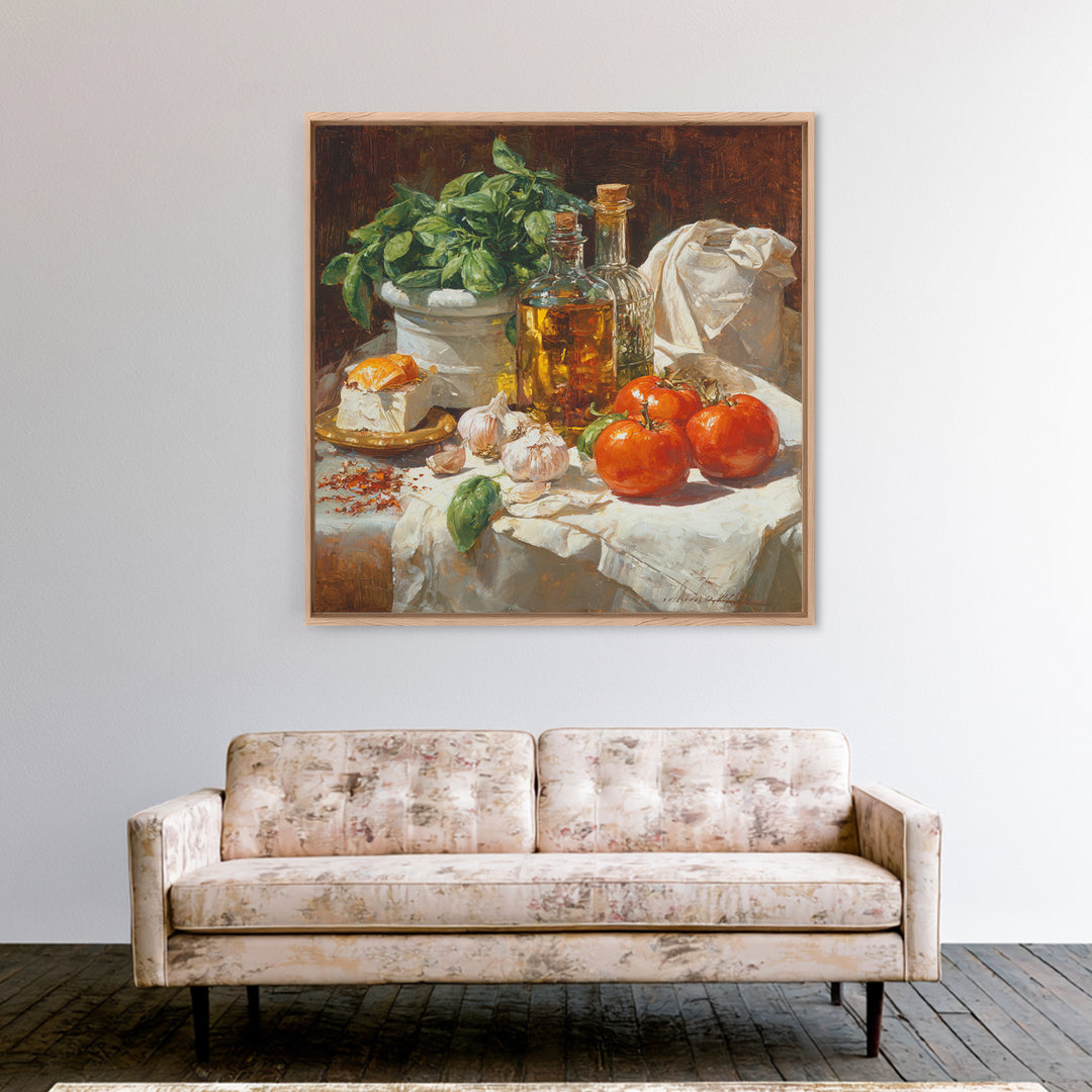 Tomatoes Garlic and Basil on Linen Canvas Print, Kitchen Art, Wall Art, Kitchen Decor, Fine Art, Kitchen, Kitchen Wall Art, KIT-1x1-99