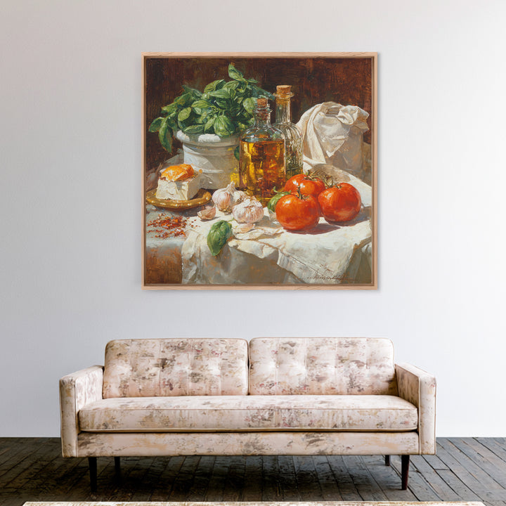 Tomatoes Garlic and Basil on Linen Canvas Print, Kitchen Art, Wall Art, Kitchen Decor, Fine Art, Kitchen, Kitchen Wall Art, KIT-1x1-99