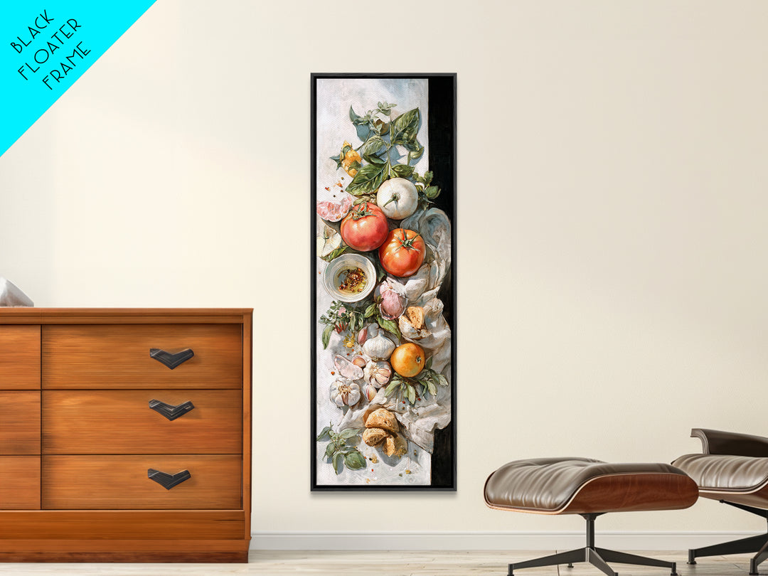 Tomatoes Garlic and Basil on Linen Canvas Print, Kitchen Art, Art Prints, Kitchen Decor, Fine Art, Kitchen, Modern Art, KIT-1x3-39