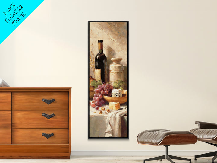 Wine Bottle Grapes and Cheese Still Life Canvas Print, Kitchen Art, Wall Art, Kitchen Decor, Watercolor Art, Kitchen, KIT-1x3-48