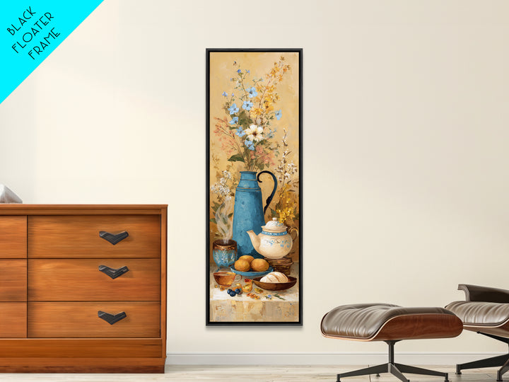 Tea Kettle with Steam and Wildflowers Framed Canvas Print, Kitchen Art, Kitchen Art Print, Kitchen Decor, Watercolor Art, KIT-1x3-50