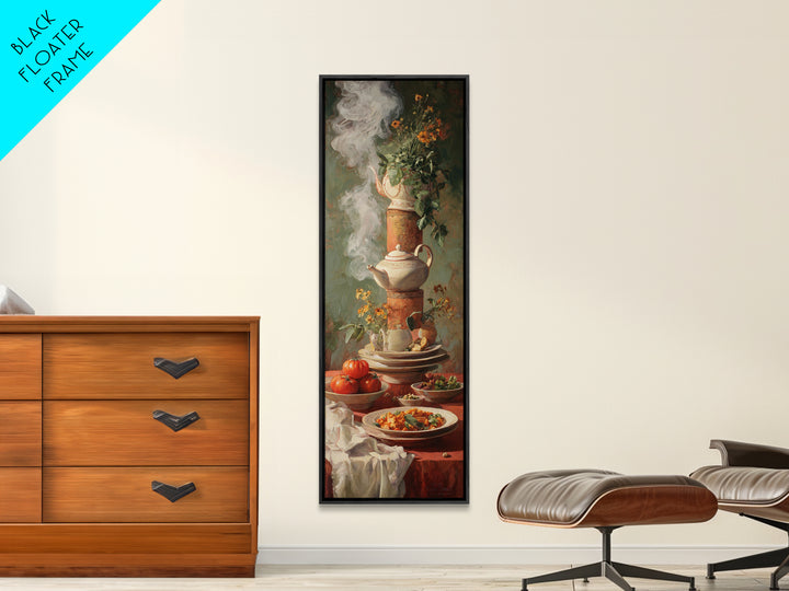Tea Kettle with Steam and Wildflowers Framed Canvas Print, Kitchen Art, Kitchen Art Print, Kitchen Decor, Watercolor Art, KIT-1x3-74