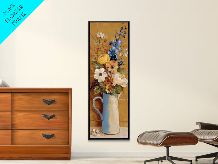 Floral Bouquet in a Kitchen Pitcher Framed Canvas Print, Kitchen Art, Printable Wall Art, Kitchen Decor, Oil Painting, Kitchen, KIT-1x3-84