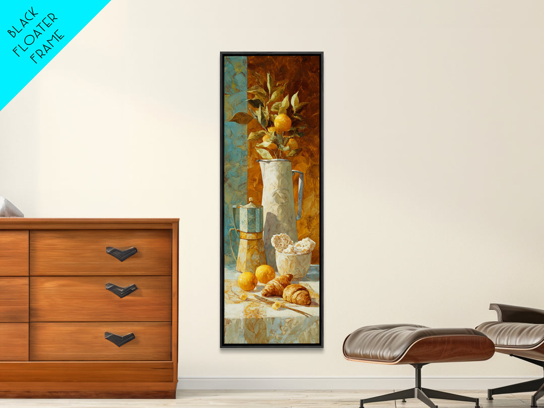 Coffee Pot and Croissant Morning Still Life Framed Canvas Print, Kitchen Art, Dining Room Wall Art, Kitchen Decor, Oil Painting, KIT-1x3-91