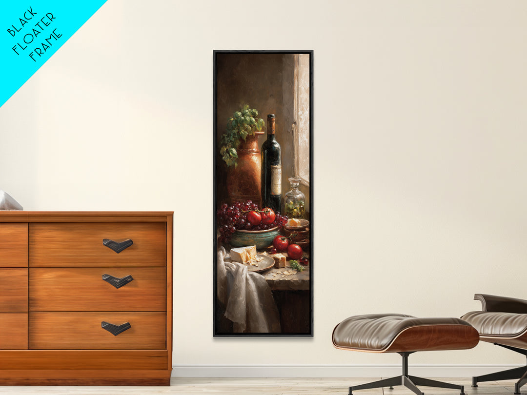 Wine Bottle Grapes and Cheese Still Life Framed Canvas Print, Kitchen Art, Kitchen Wall Decor, Kitchen Decor, Abstract Art, KIT-1x3-96