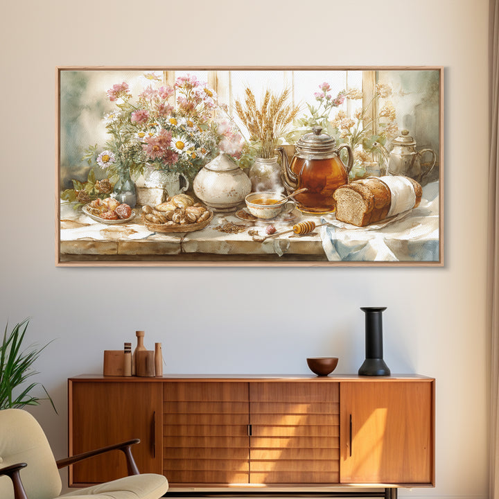 Tea Kettle with Steam and Wildflowers Framed Canvas Print, Kitchen Art, Art Print, Kitchen Decor, Watercolor Art, Kitchen, KIT-2x1-10