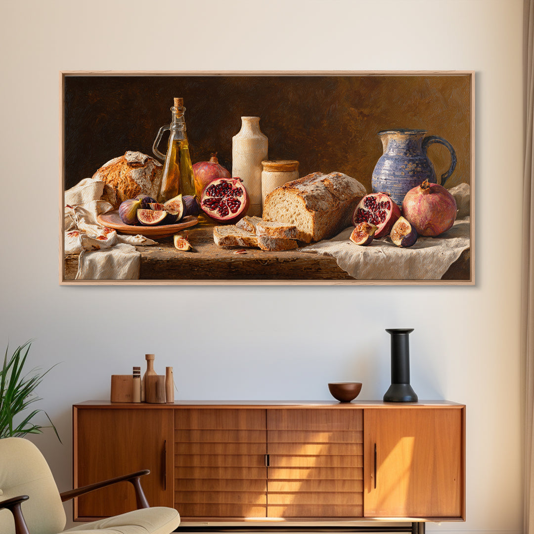 Figs Pomegranates and Linen Composition Framed Canvas Print, Kitchen Art, Statement Artwork, Kitchen Decor, Abstract Art, KIT-2x1-18