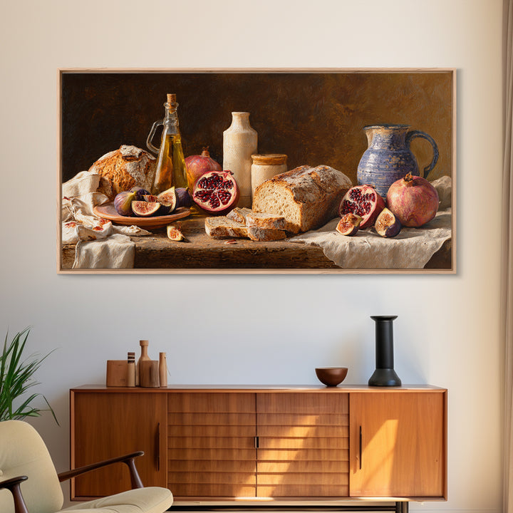 Figs Pomegranates and Linen Composition Framed Canvas Print, Kitchen Art, Statement Artwork, Kitchen Decor, Abstract Art, KIT-2x1-18