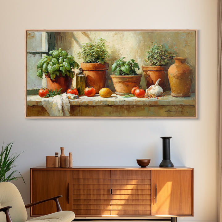 Fresh Herbs in Terracotta Pots Canvas Print, Kitchen Art, Wall Art, Kitchen Decor, Oil Painting, Kitchen, Kitchen Wall Art, KIT-2x1-21