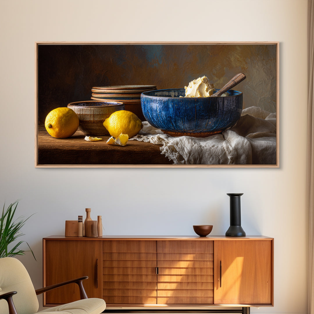 Lemons and Blue Ceramic Bowl Still Life Canvas Print, Kitchen Art, Boho Decor, Kitchen Decor, Fine Art, Kitchen, Wall Decor, KIT-2x1-22