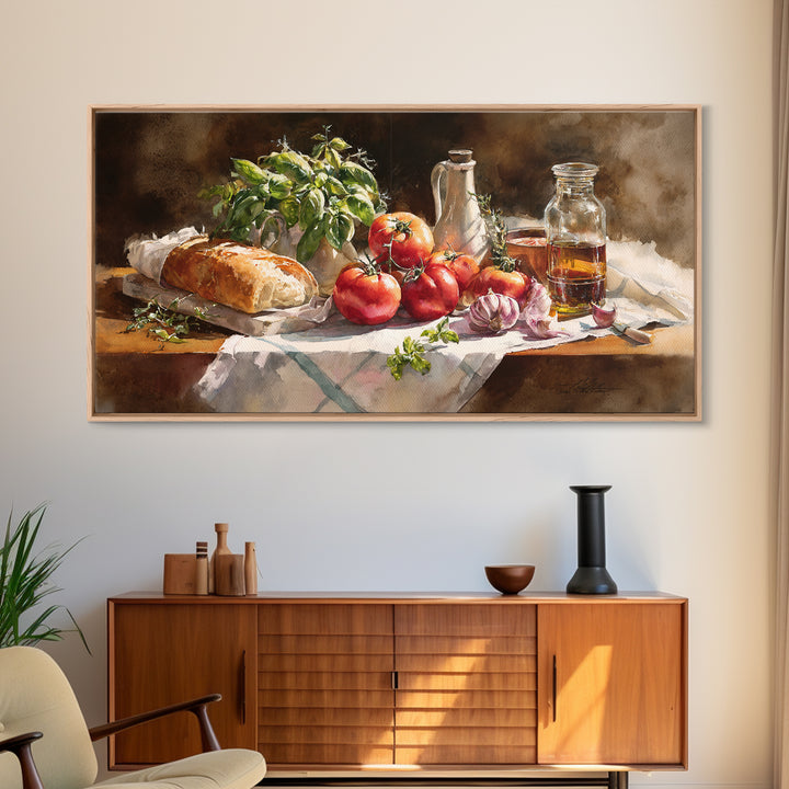Tomatoes Garlic and Basil on Linen Framed Canvas Print, Kitchen Art, Print, Kitchen Decor, Abstract Art, Kitchen, KIT-2x1-23
