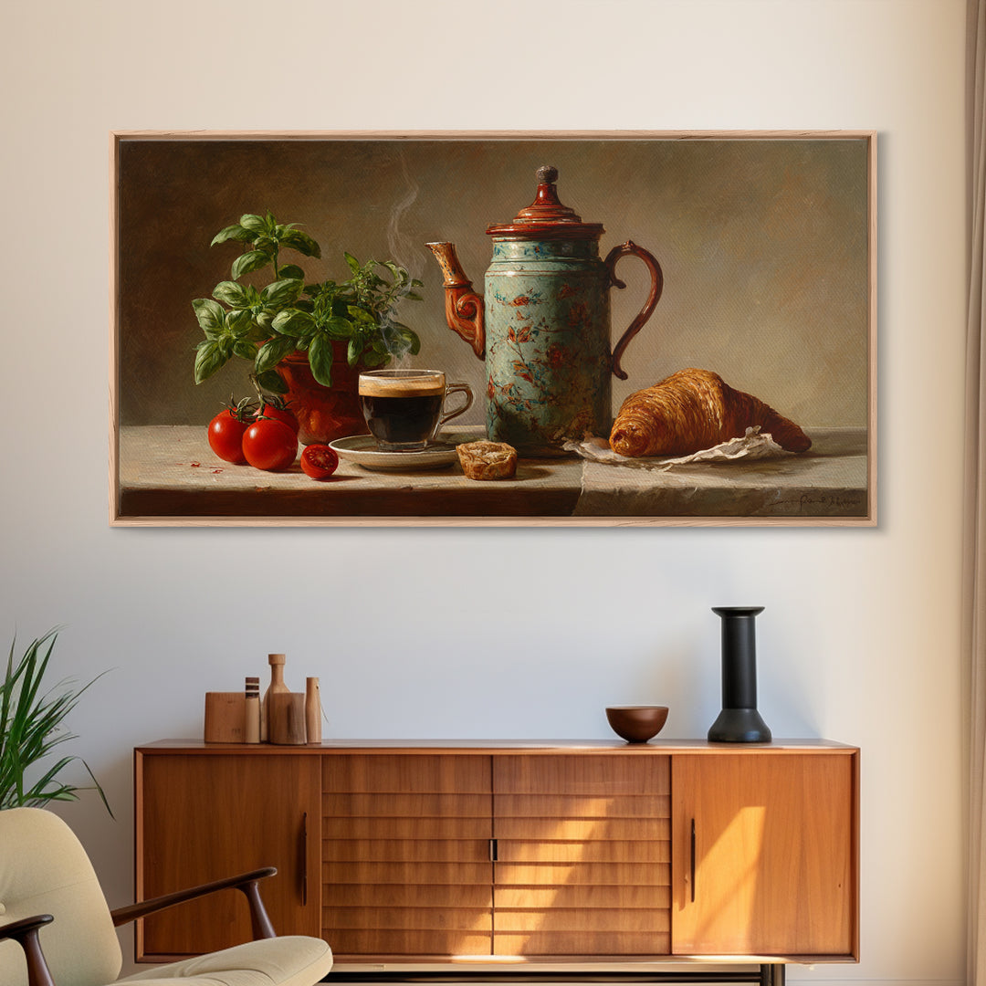 Coffee Pot and Croissant Morning Still Life Framed Canvas Print, Kitchen Art, Fine Art Print, Kitchen Decor, Oil Painting, KIT-2x1-27