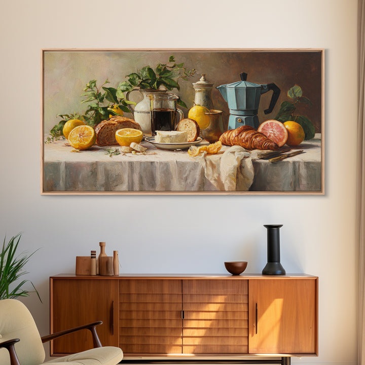 Coffee Pot and Croissant Morning Still Life Framed Canvas Print, Kitchen Art, Art Deco, Kitchen Decor, Fine Art, Kitchen, KIT-2x1-3