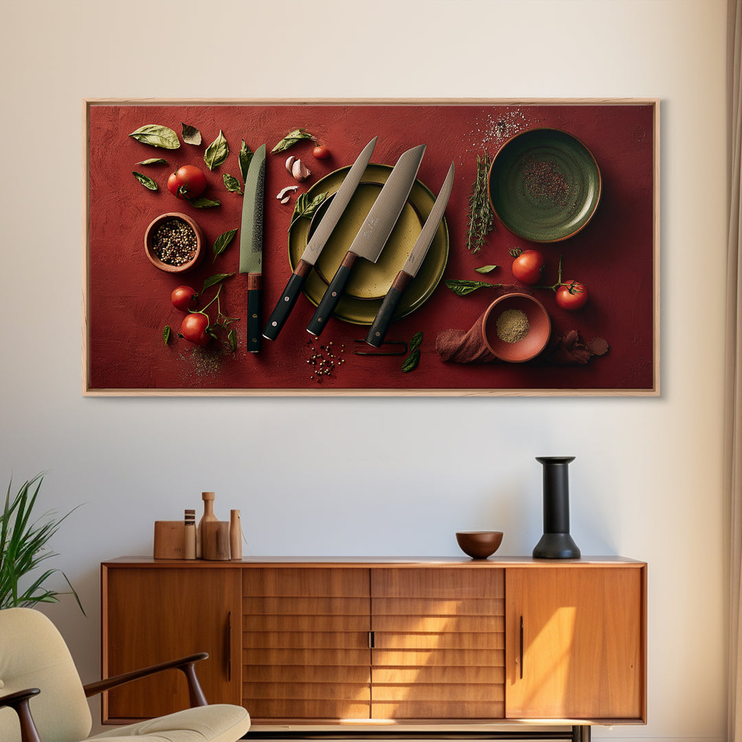 Chef Knives and Herbs Arranged as Graphic Framed Canvas Print, Kitchen Art, Luxury Decor, Kitchen Decor, Fine Art, Kitchen, KIT-2x1-30