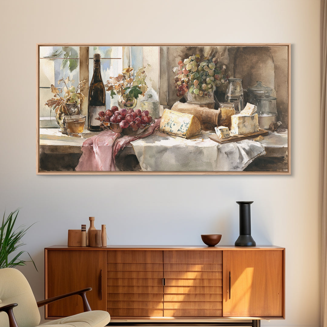 Wine Bottle Grapes and Cheese Still Life Canvas Print, Kitchen Art, Contemporary Art, Kitchen Decor, Oil Painting, Kitchen, KIT-2x1-32