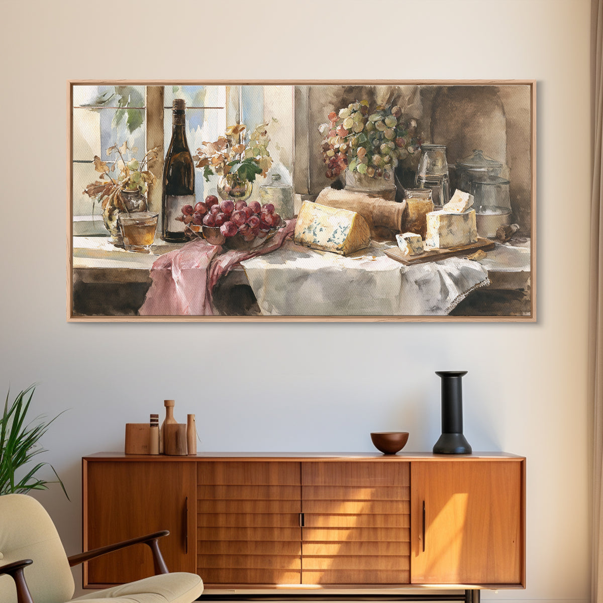 Wine Bottle Grapes and Cheese Still Life Canvas Print, Kitchen Art, Contemporary Art, Kitchen Decor, Oil Painting, Kitchen, KIT-2x1-32