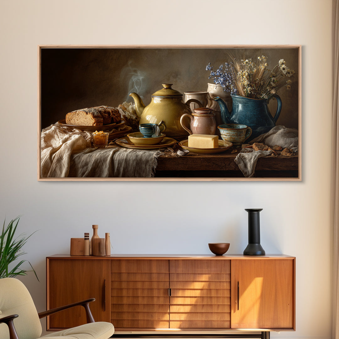 Tea Kettle with Steam and Wildflowers Framed Canvas Print, Kitchen Art, Art Print, Kitchen Decor, Watercolor Art, Kitchen, KIT-2x1-34