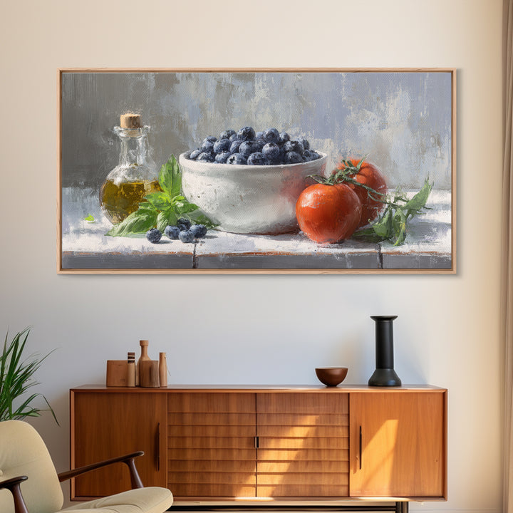 Blueberries in a White Bowl Canvas Print, Kitchen Art, Wall Decor, Kitchen Decor, Oil Painting, Kitchen, Kitchen Wall Decor, KIT-2x1-39