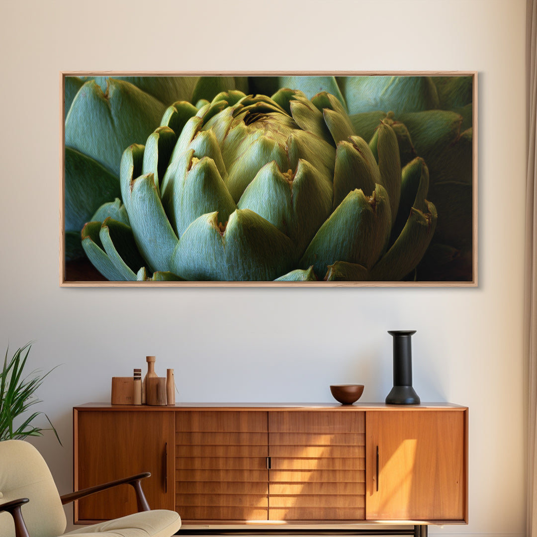 Artichoke Closeup in Painterly Green Tones Framed Canvas Print, Kitchen Art, Home Decor, Kitchen Decor, Fine Art, Kitchen, KIT-2x1-40