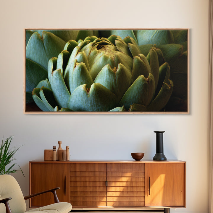 Artichoke Closeup in Painterly Green Tones Framed Canvas Print, Kitchen Art, Home Decor, Kitchen Decor, Fine Art, Kitchen, KIT-2x1-40