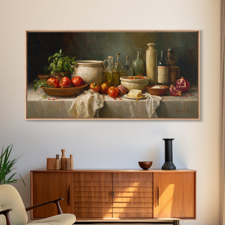 Figs Pomegranates and Linen Composition Framed Canvas Print, Kitchen Art, Statement Artwork, Kitchen Decor, Abstract Art, KIT-2x1-42