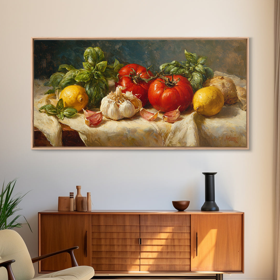 Tomatoes Garlic and Basil on Linen Canvas Print, Kitchen Art, Kitchen Decor, Abstract Art, Kitchen, Trendy Wall Art, KIT-2x1-47