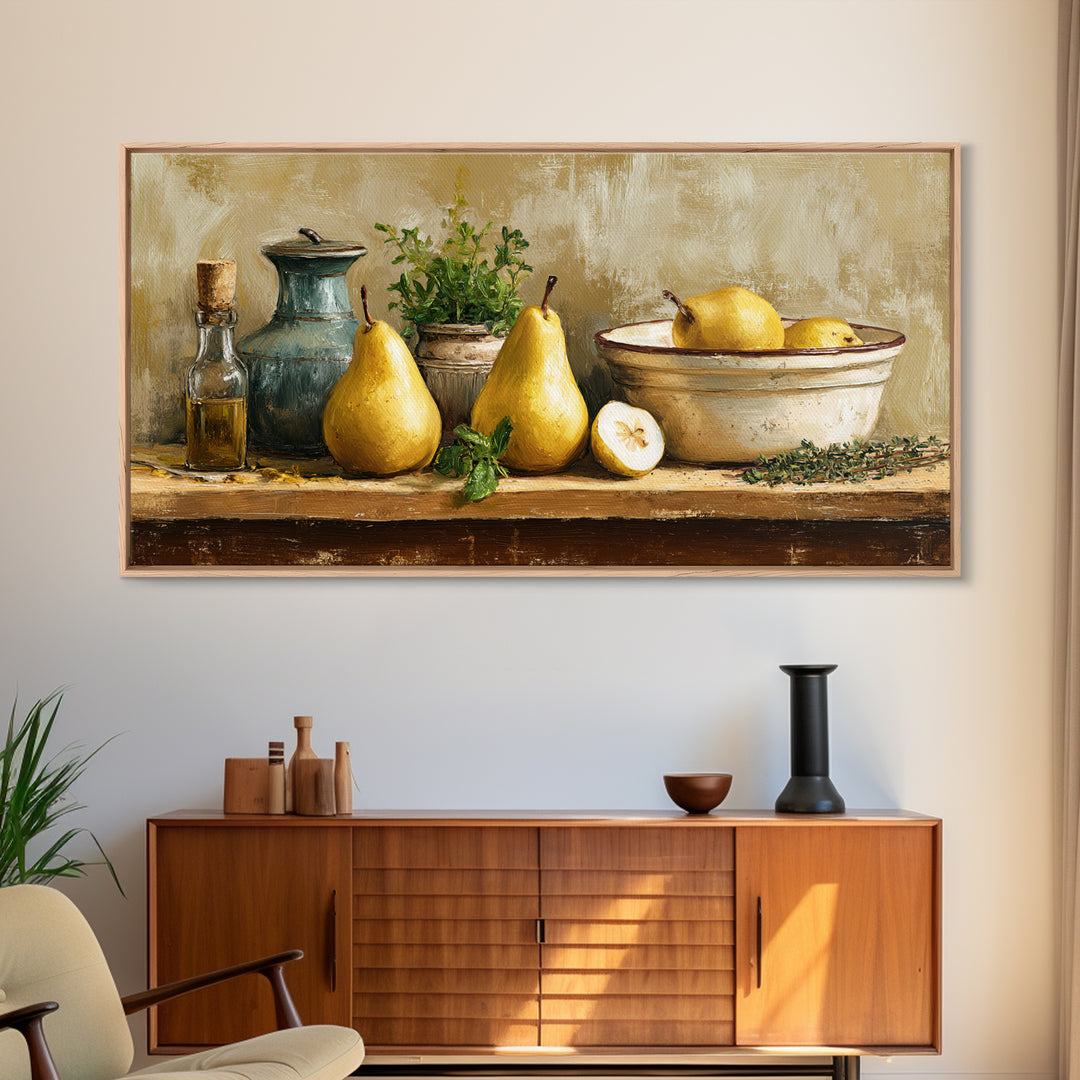 Farmhouse Pears on a Wooden Board Canvas Print, Kitchen Art, Digital Art, Kitchen Decor, Oil Painting, Kitchen, KIT-2x1-53