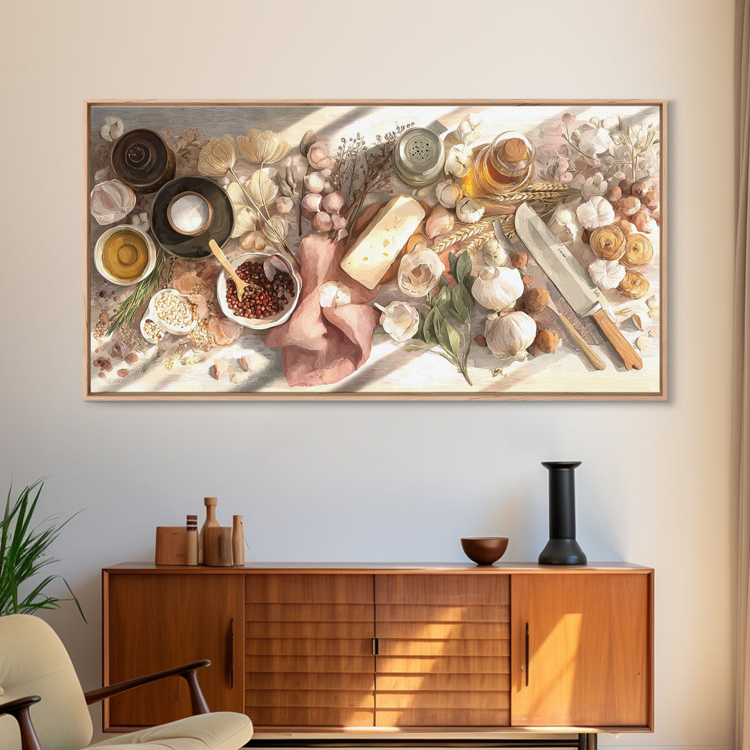 Chef Knives and Herbs Arranged as Graphic Canvas Print, Kitchen Art, Contemporary Art, Kitchen Decor, Fine Art, Kitchen, KIT-2x1-54