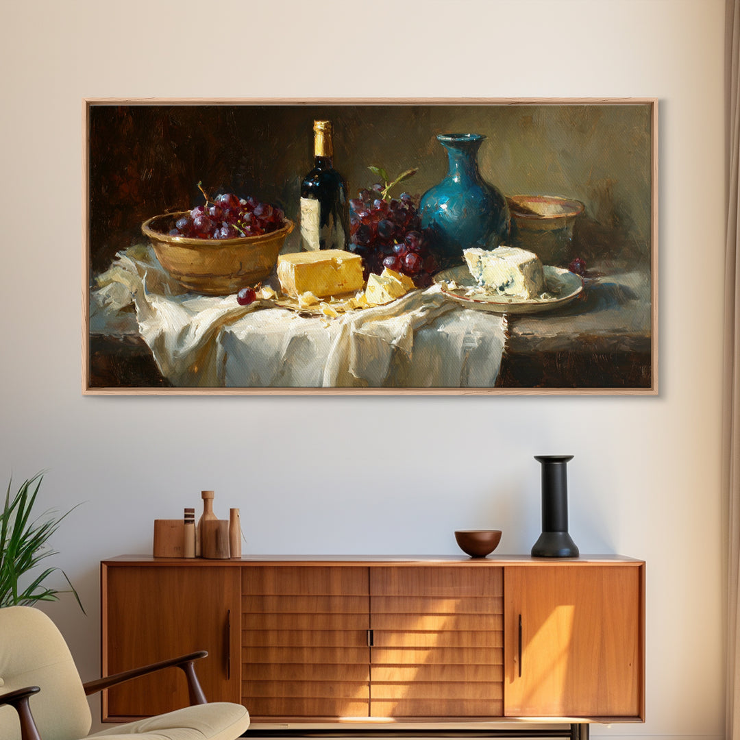 Wine Bottle Grapes and Cheese Still Life Framed Canvas Print, Kitchen Art, Prints, Kitchen Decor, Kitchen, Kitchen Wall Decor, KIT-2x1-56