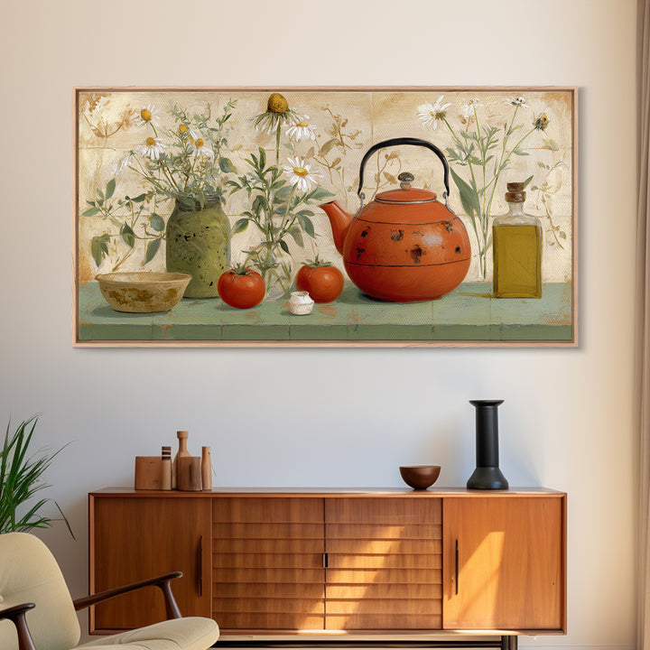 Tea Kettle with Steam and Wildflowers Canvas Print, Kitchen Art, Wall Art, Kitchen Decor, Watercolor Art, Kitchen, KIT-2x1-58