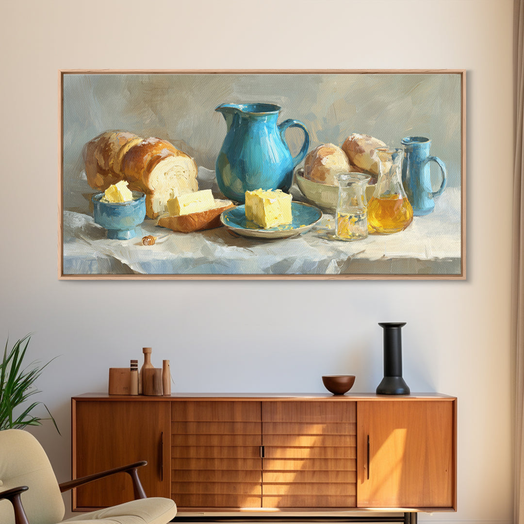 Fresh Bread with Butter and Honey Canvas Print, Kitchen Art, Room Decor, Kitchen Decor, Oil Painting, Kitchen, Digital Art, KIT-2x1-62