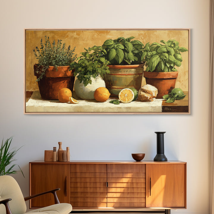 Fresh Herbs in Terracotta Pots Canvas Print, Kitchen Art, Kitchen Decor, Kitchen, Trendy Wall Art, Dining Room Wall Art, KIT-2x1-69