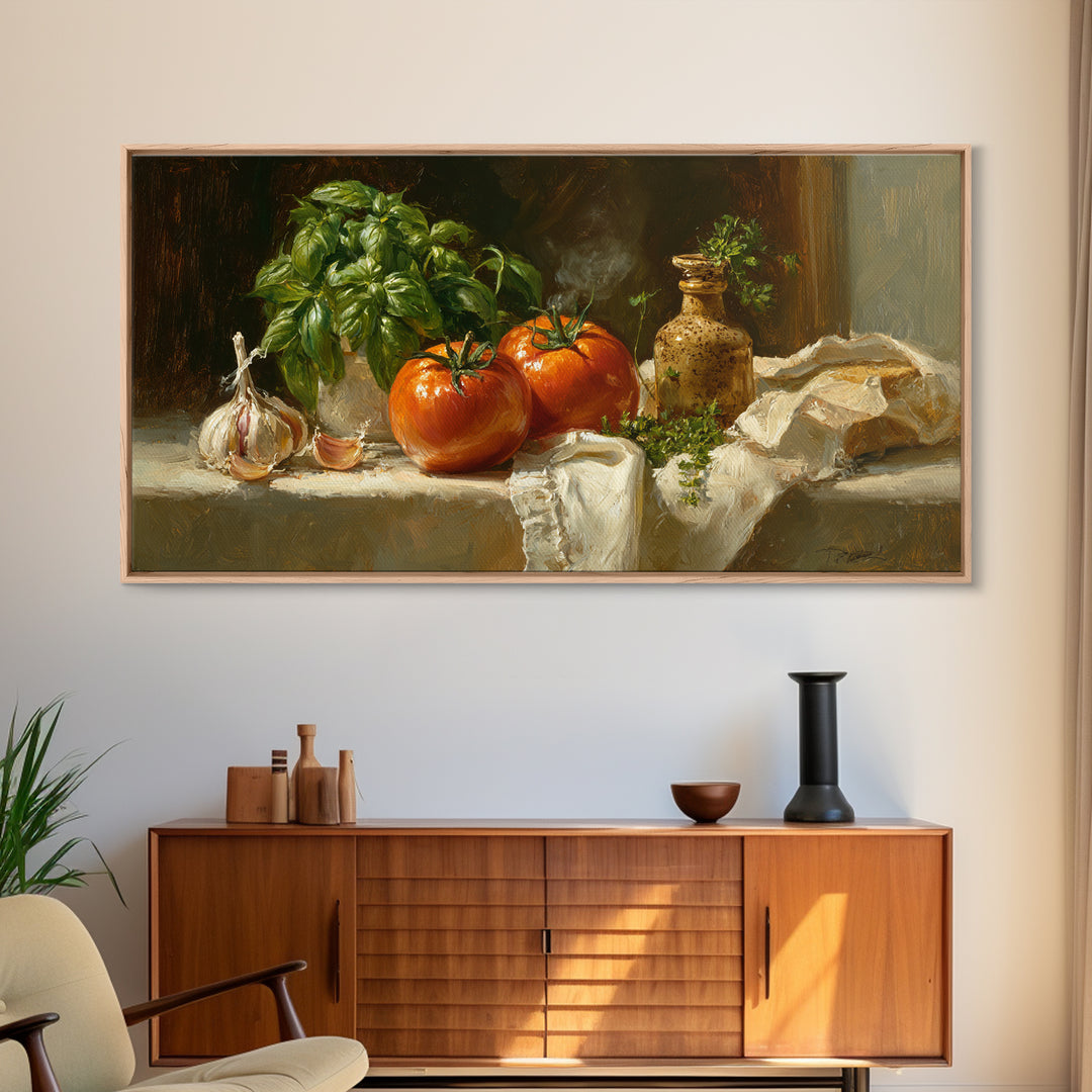 Tomatoes Garlic and Basil on Linen Canvas Print, Kitchen Art, Poster Art, Kitchen Decor, Fine Art, Kitchen, Boho Decor, KIT-2x1-71