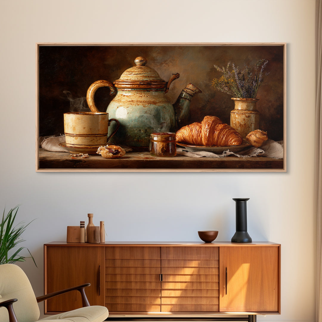 Coffee Pot and Croissant Morning Still Life Framed Canvas Print, Kitchen Art, Boho Decor, Kitchen Decor, Fine Art, Kitchen, KIT-2x1-75