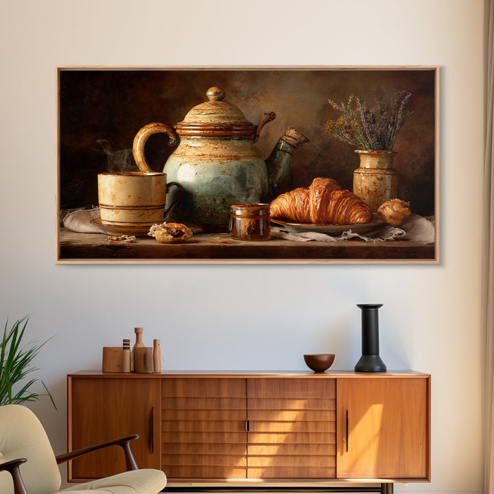 Coffee Pot and Croissant Morning Still Life Framed Canvas Print, Kitchen Art, Boho Decor, Kitchen Decor, Fine Art, Kitchen, KIT-2x1-75