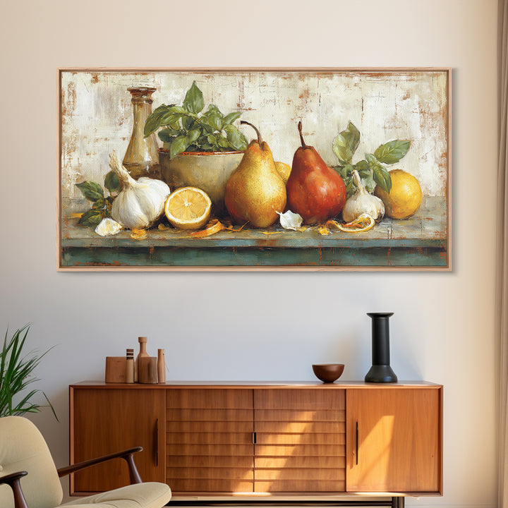 Farmhouse Pears on a Wooden Board Canvas Print, Kitchen Art, Digital Art, Kitchen Decor, Oil Painting, Kitchen, KIT-2x1-77