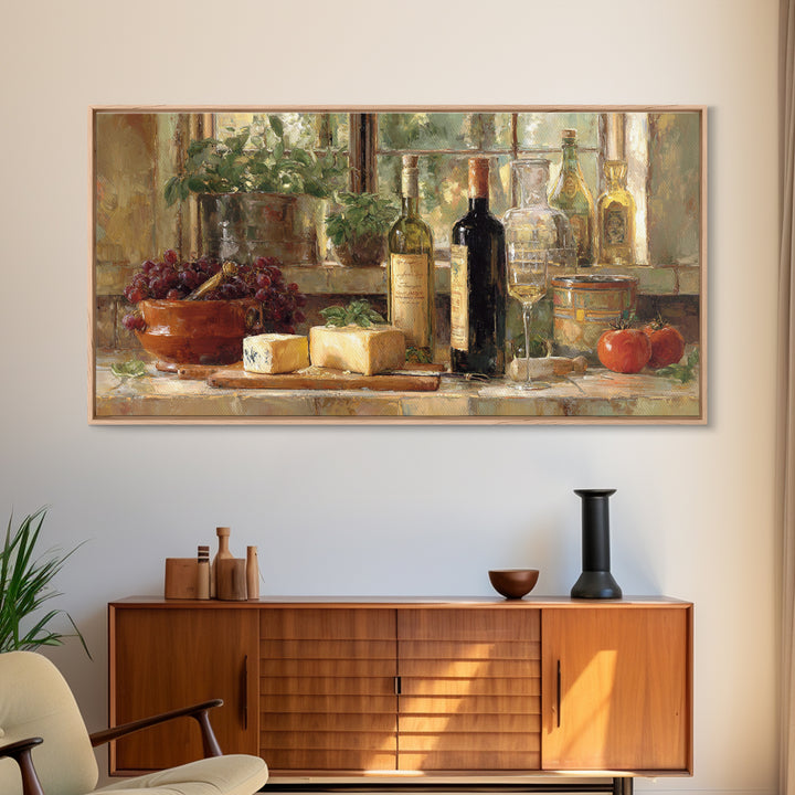 Wine Bottle Grapes and Cheese Still Life Framed Canvas Print, Kitchen Art, Kitchen Decor, Fine Art, Kitchen, Kitchen Art Print, KIT-2x1-80