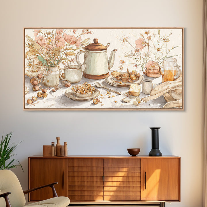 Tea Kettle with Steam and Wildflowers Canvas Print, Kitchen Art, Wall Art, Kitchen Decor, Watercolor Art, Kitchen, KIT-2x1-82