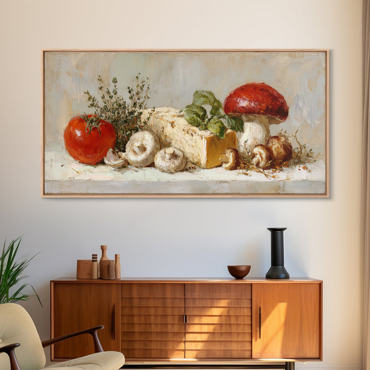 Mushrooms and Thyme Botanical Study Framed Canvas Print, Kitchen Art, Contemporary Art, Kitchen Decor, Oil Painting, Kitchen, KIT-2x1-83