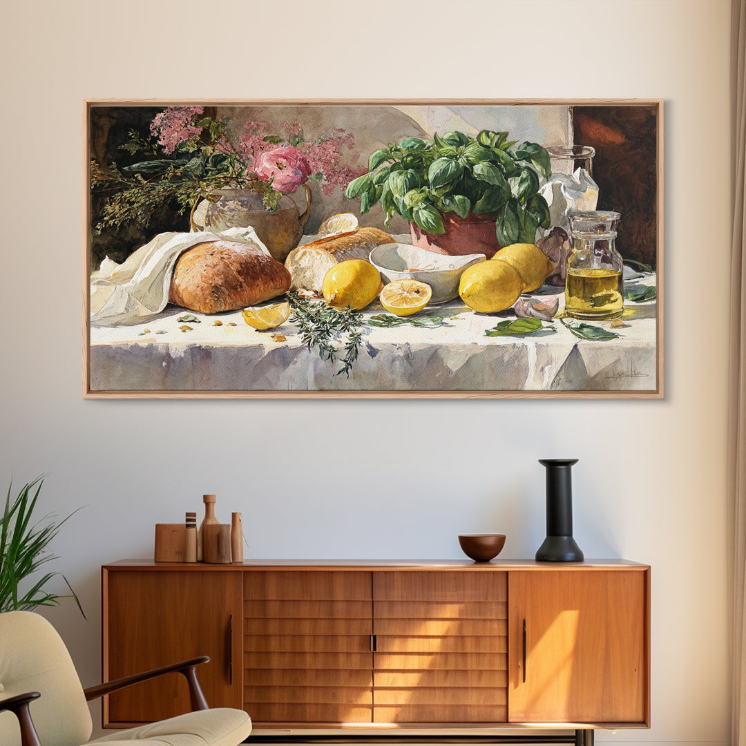 Pasta Lemons and Basil Mediterranean Still Life Framed Canvas Print, Kitchen Art, Digital Wall Art, Kitchen Decor, Kitchen, KIT-2x1-85