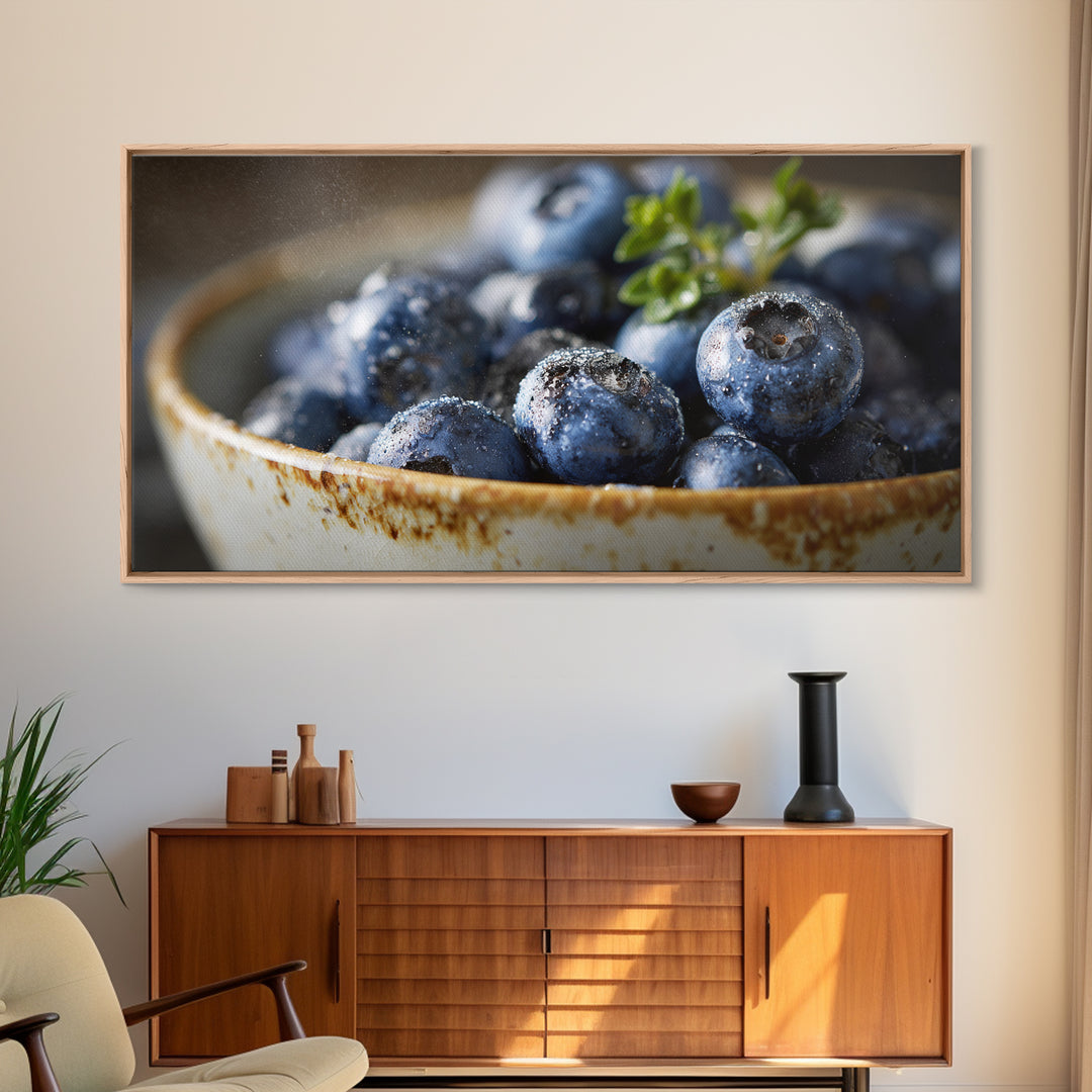 Blueberries in a White Bowl Framed Canvas Print, Kitchen Art, Coffee Art, Kitchen Decor, Fine Art, Kitchen, Fine Art Print, KIT-2x1-87
