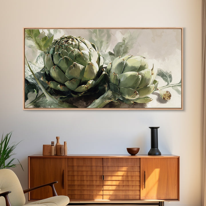 Artichoke Closeup in Painterly Green Tones Framed Canvas Print, Kitchen Art, Kitchen Wall Art, Kitchen Decor, Fine Art, Kitchen, KIT-2x1-88