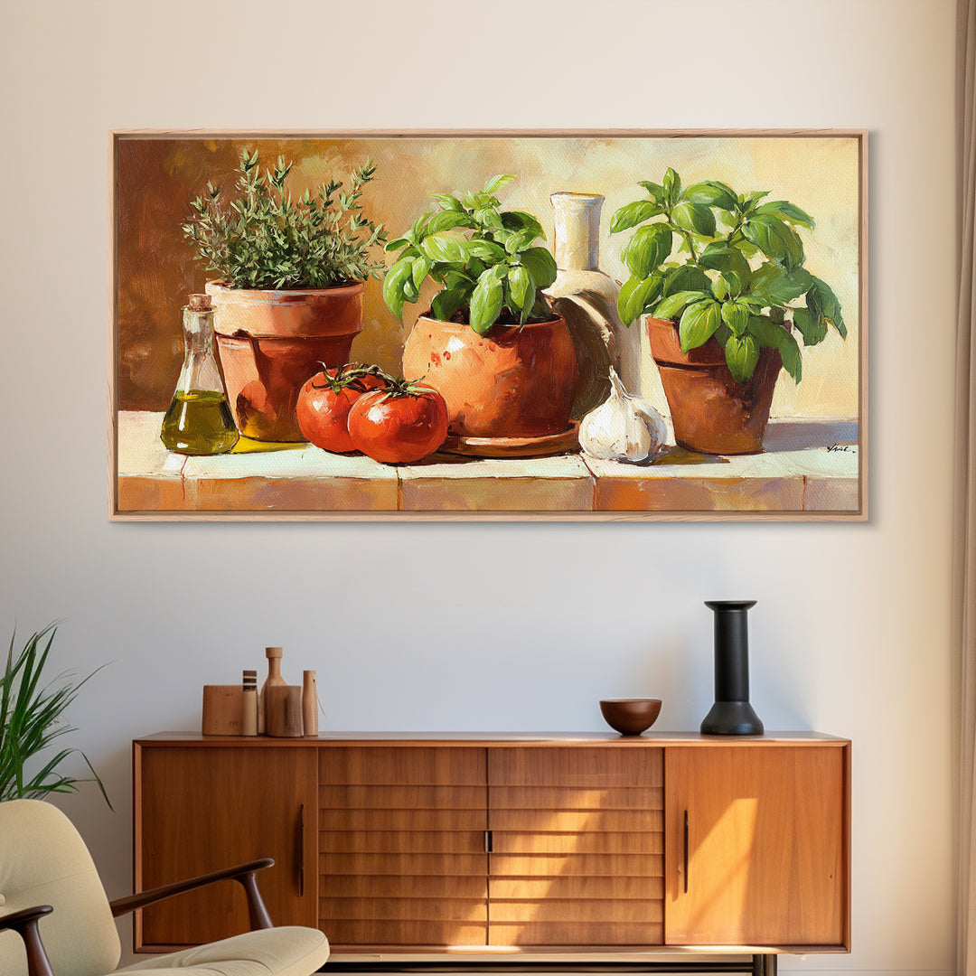 Fresh Herbs in Terracotta Pots Canvas Print, Kitchen Art, Kitchen Decor, Kitchen, Trendy Wall Art, Dining Room Wall Art, KIT-2x1-93
