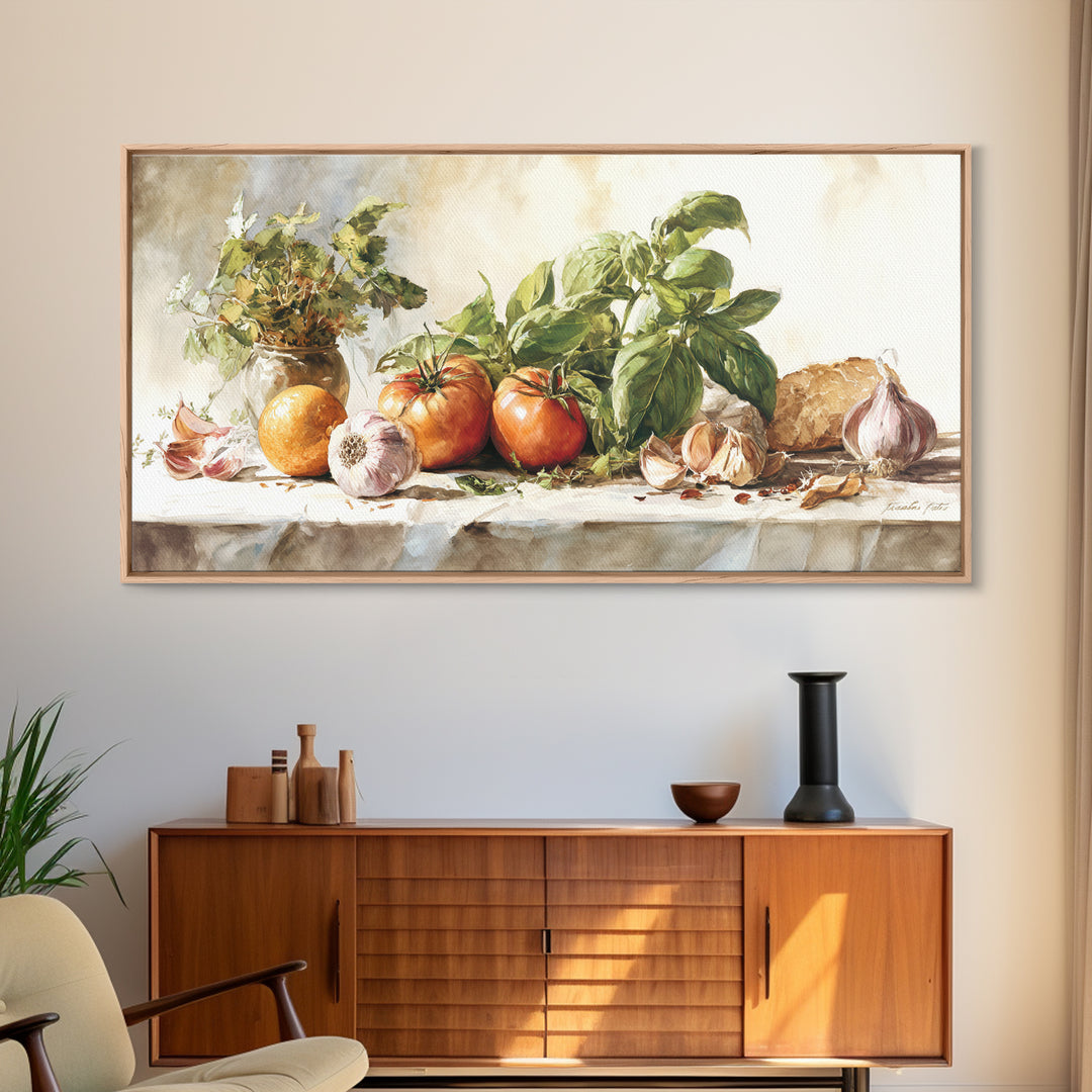 Tomatoes Garlic and Basil on Linen Framed Canvas Print, Kitchen Art, Kitchen Art Print, Kitchen Decor, Fine Art, Kitchen, KIT-2x1-95