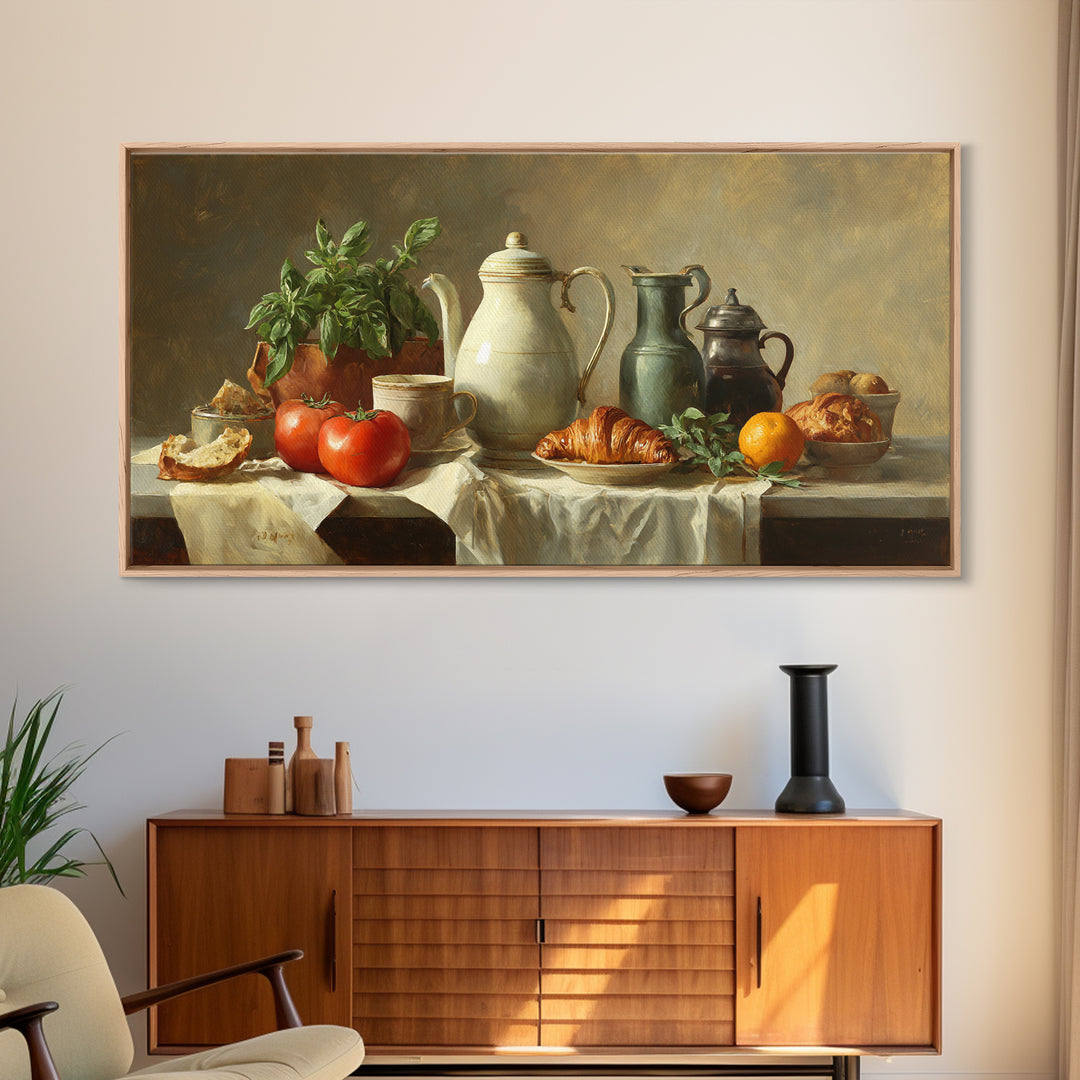 Coffee Pot and Croissant Morning Still Life Framed Canvas Print, Kitchen Art, Printable Art, Kitchen Decor, Fine Art, Kitchen, KIT-2x1-99