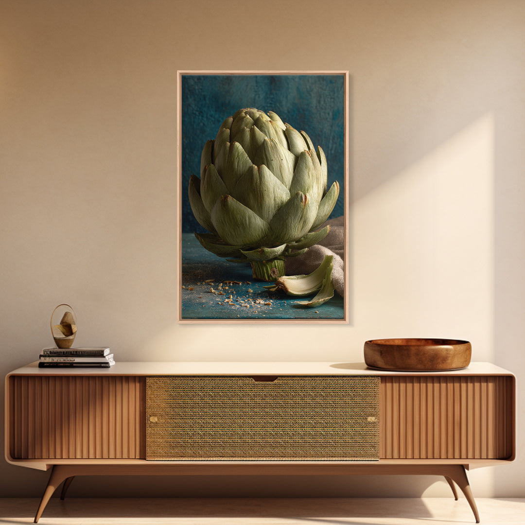 Artichoke Closeup in Painterly Green Tones Framed Canvas Print, Kitchen Art, Art Print, Kitchen Decor, Fine Art, Kitchen, KIT-2x3-100